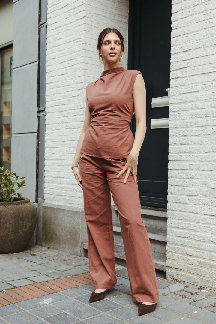 Sleeveless Cotton Top & Wide Leg Trouser Set – Terracotta