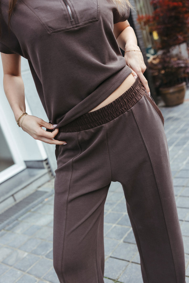 Modal Zip Collar Top & Wide Leg Trouser Set