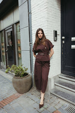 Load image into Gallery viewer, High Neck Belted Top &amp; Balloon Trouser Set - Brown