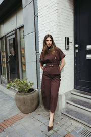 High Neck Belted Top & Balloon Trouser Set - Brown