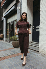 Load image into Gallery viewer, High Neck Belted Top &amp; Balloon Trouser Set - Brown