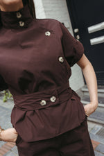 Load image into Gallery viewer, High Neck Belted Top &amp; Balloon Trouser Set - Brown