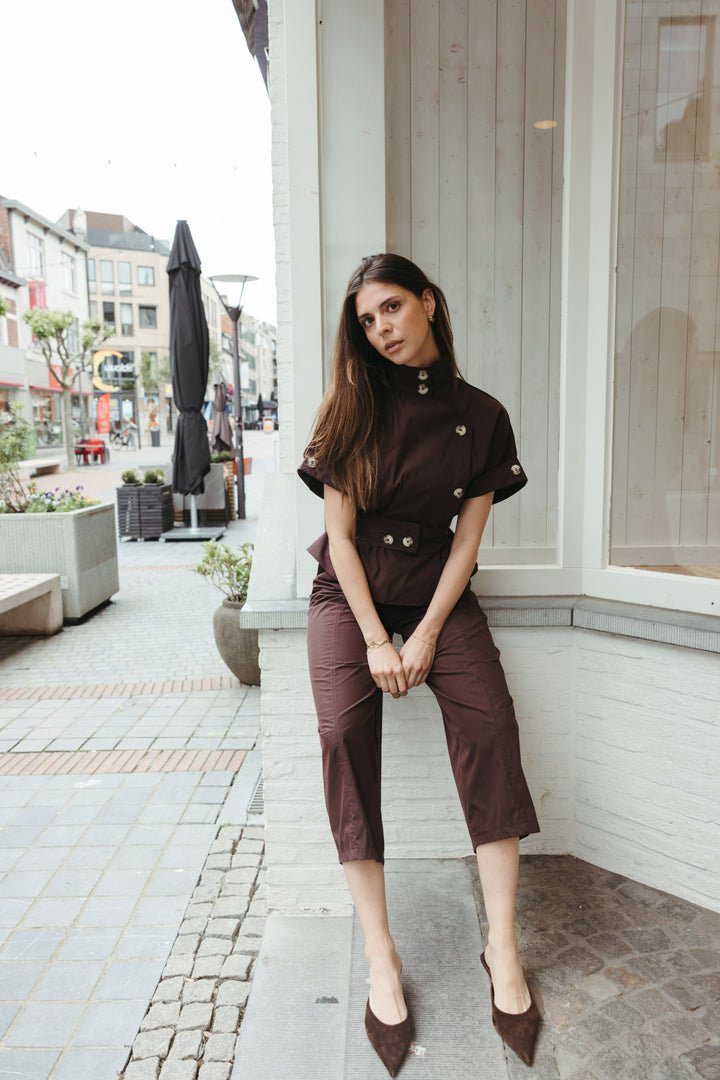 High Neck Belted Top & Balloon Trouser Set - Brown