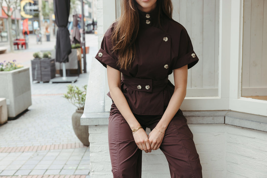 High Neck Belted Top & Balloon Trouser Set - Brown