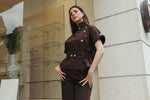 Load image into Gallery viewer, High Neck Belted Top &amp; Balloon Trouser Set - Brown