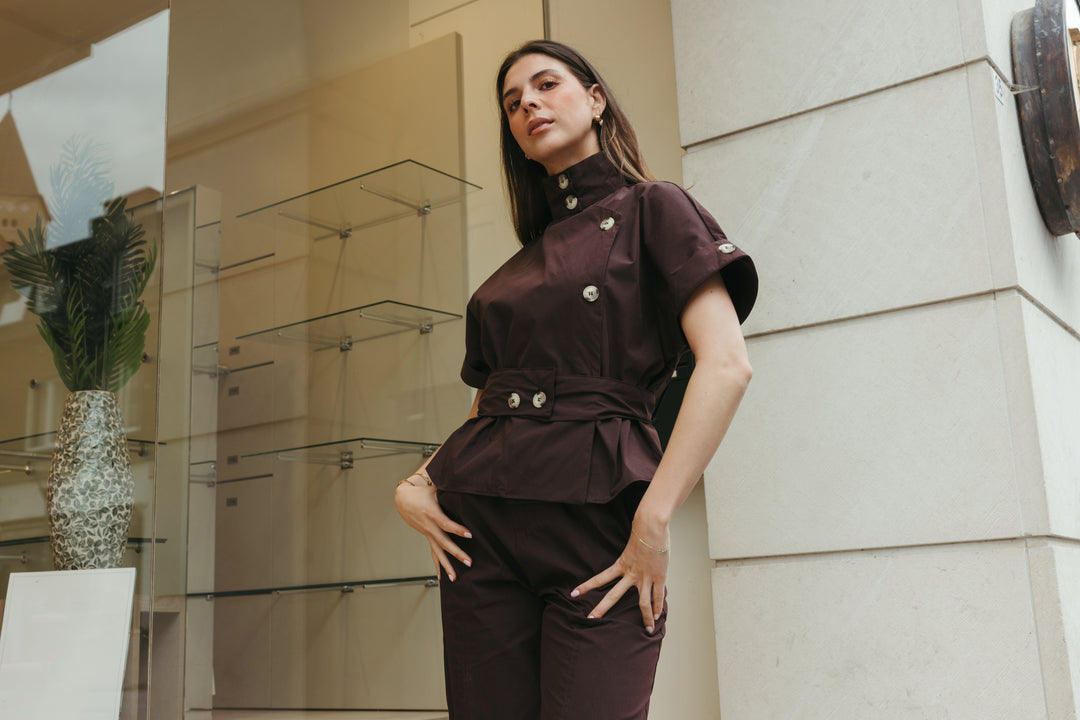 High Neck Belted Top & Balloon Trouser Set - Brown