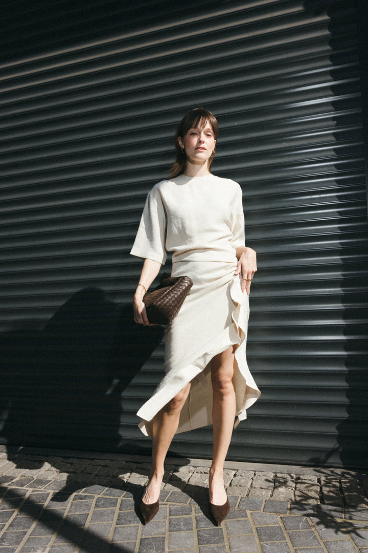 Beige Draped Midi Dress