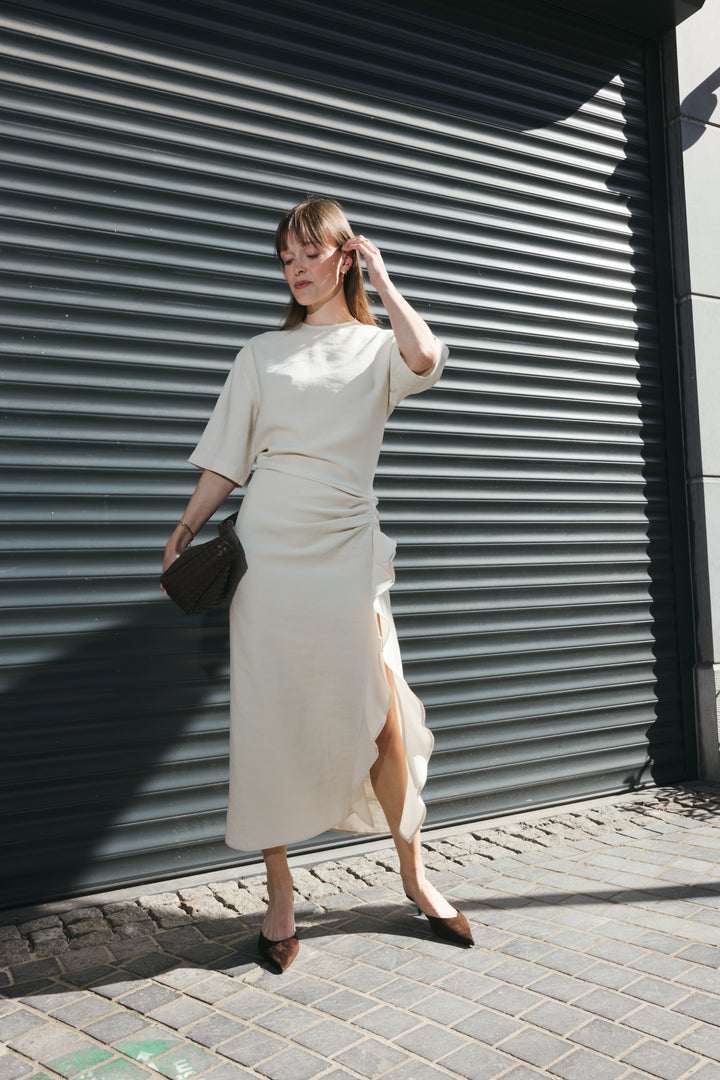 Beige Draped Midi Dress