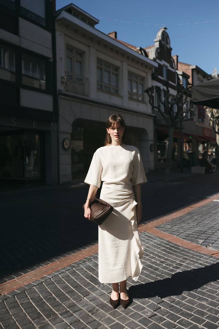 Beige Draped Midi Dress