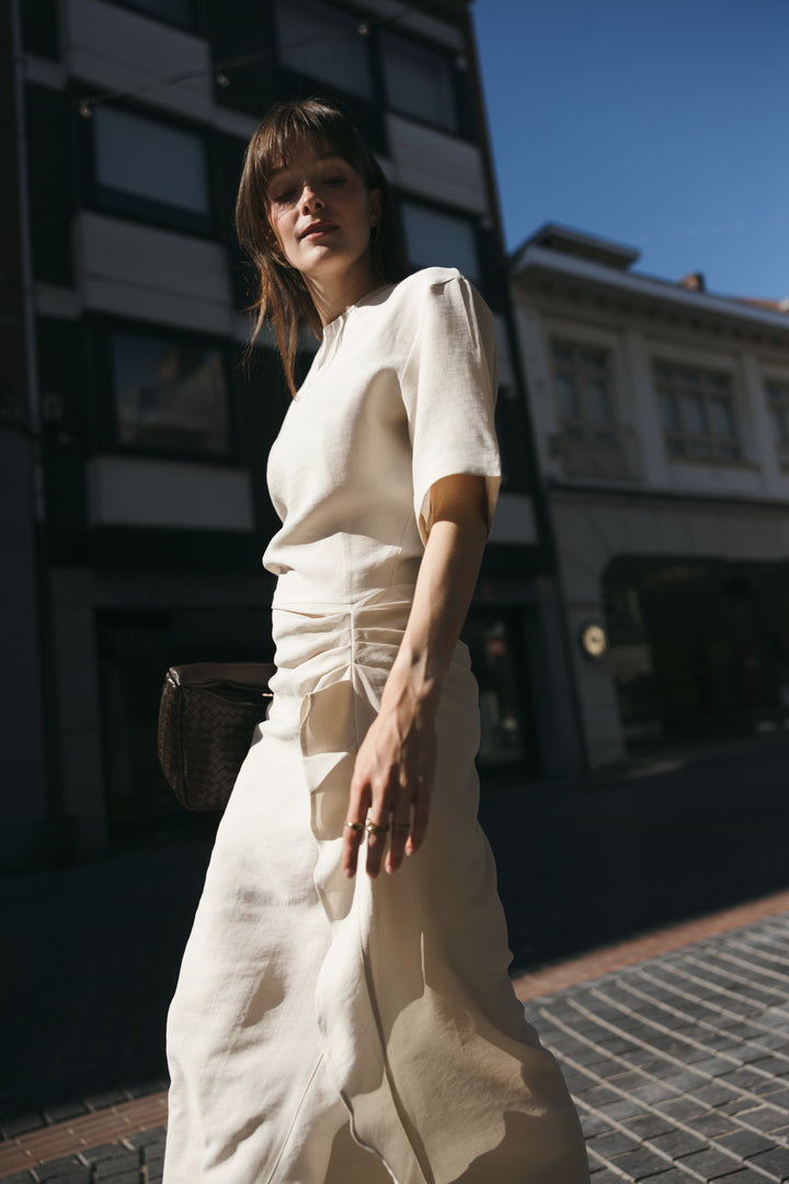 Beige Draped Midi Dress