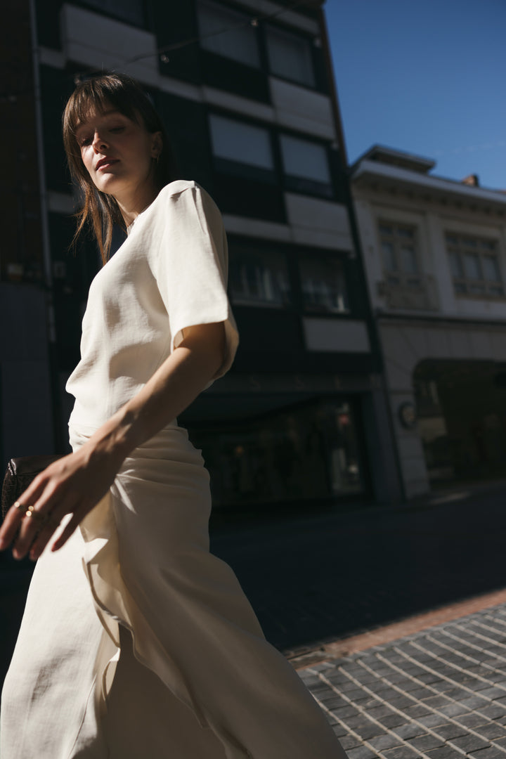 Beige Draped Midi Dress