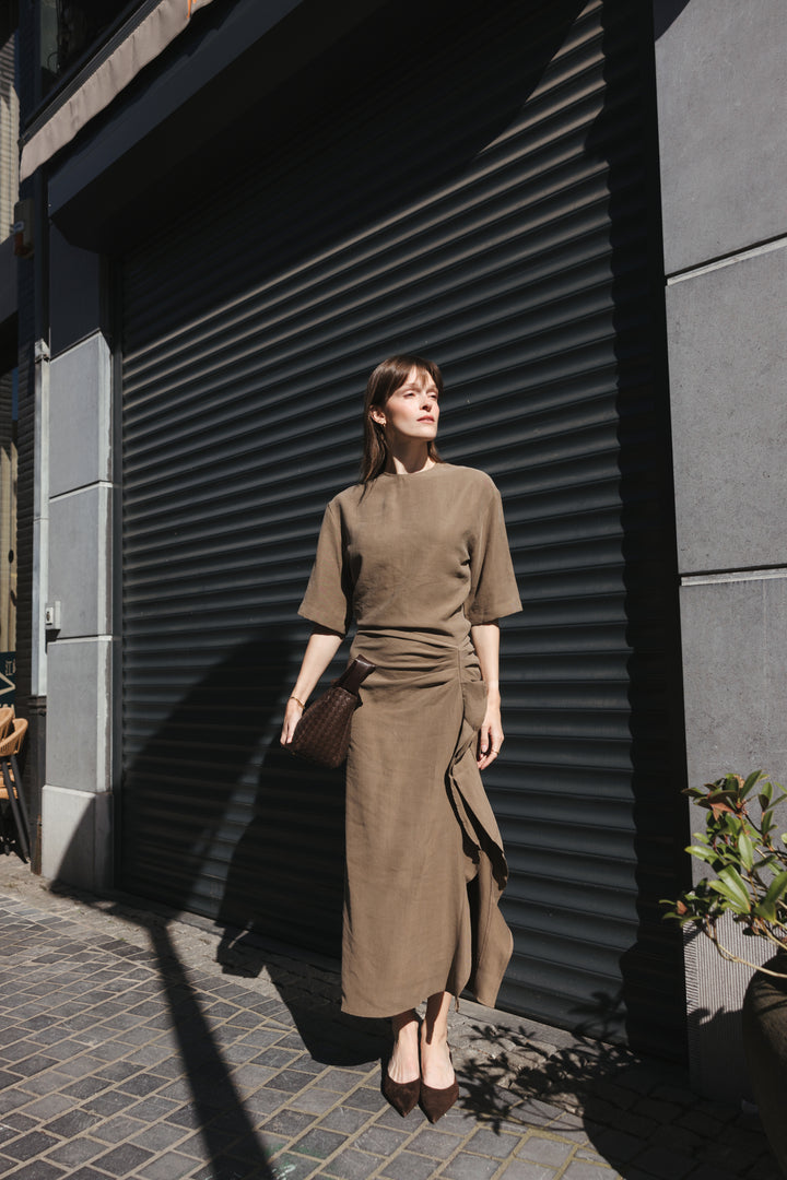 Khaki Draped Midi Dress