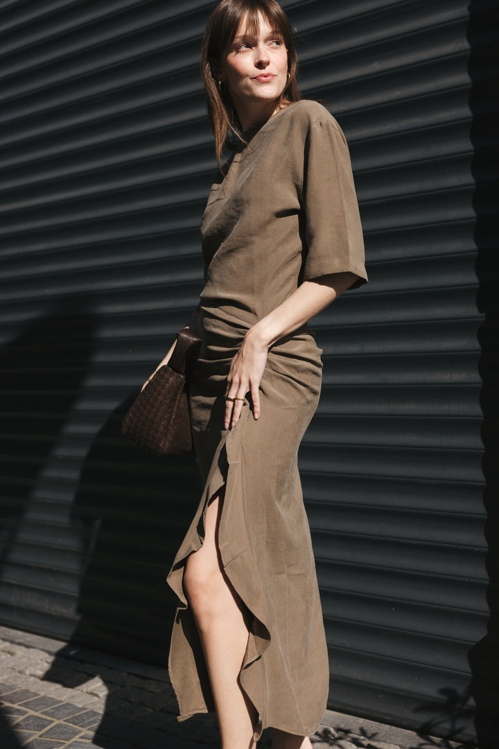 Khaki Draped Midi Dress