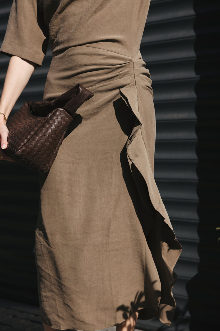 Khaki Draped Midi Dress