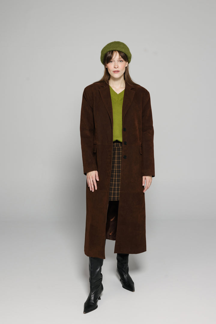 Long Faux Suede Trench Coat