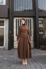 Load image into Gallery viewer, Shawl Detail Gathered Waist Dress – Brown