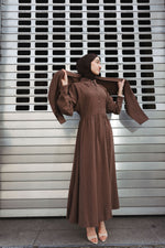 Load image into Gallery viewer, Shawl Detail Gathered Waist Dress – Brown
