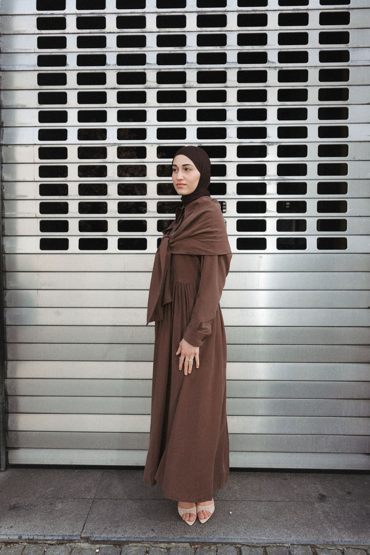 Shawl Detail Gathered Waist Dress – Brown