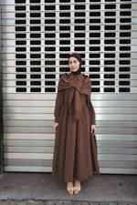 Load image into Gallery viewer, Shawl Detail Gathered Waist Dress – Brown