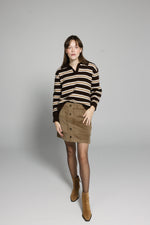 Load image into Gallery viewer, Striped Polo Sweater in Brown &amp; White