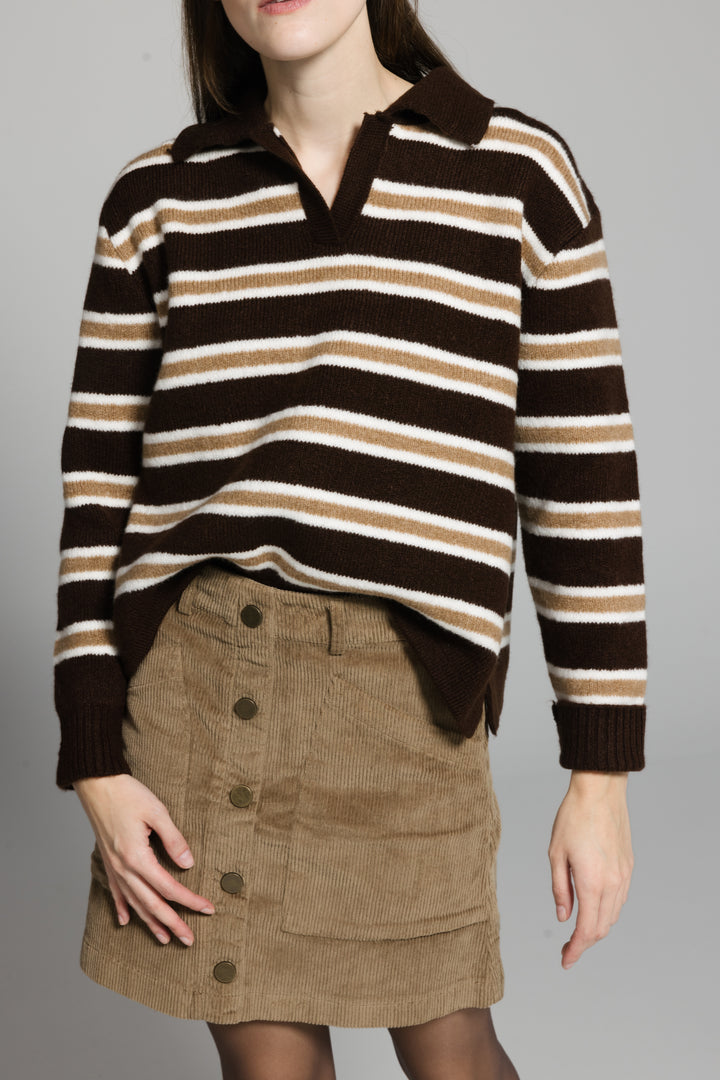 Striped Polo Sweater in Brown & White