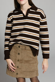 Striped Polo Sweater in Brown & White