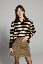 Load image into Gallery viewer, Striped Polo Sweater in Brown &amp; White