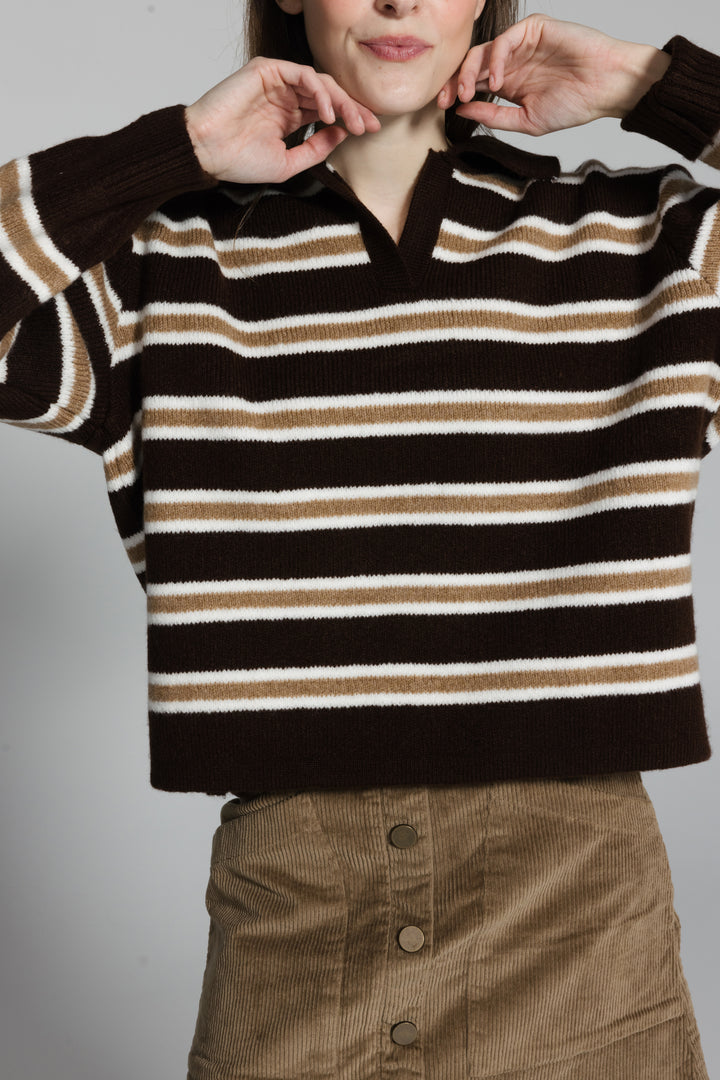 Striped Polo Sweater in Brown & White