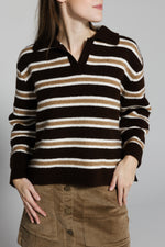 Load image into Gallery viewer, Striped Polo Sweater in Brown &amp; White