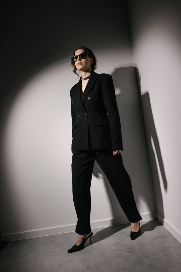 Black Straight Trousers with Button Accent