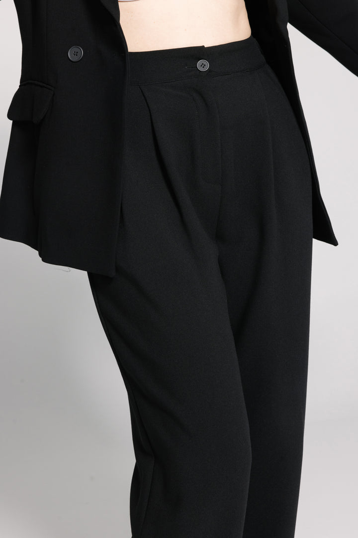 Black Straight Trousers with Button Accent
