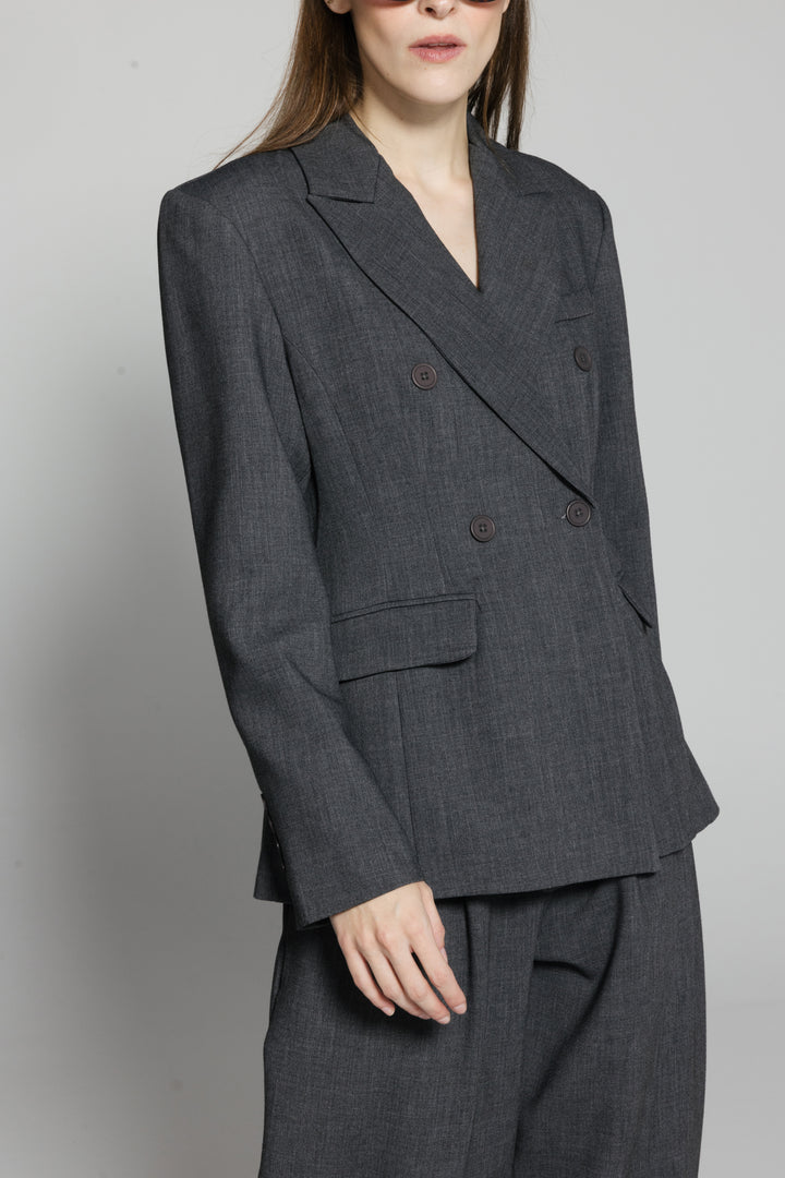 Grey Straight Trousers with Button Accent