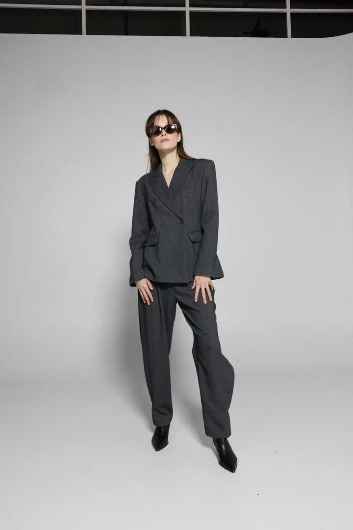 Grey Straight Trousers with Button Accent