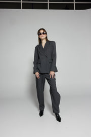 Grey Straight Trousers with Button Accent