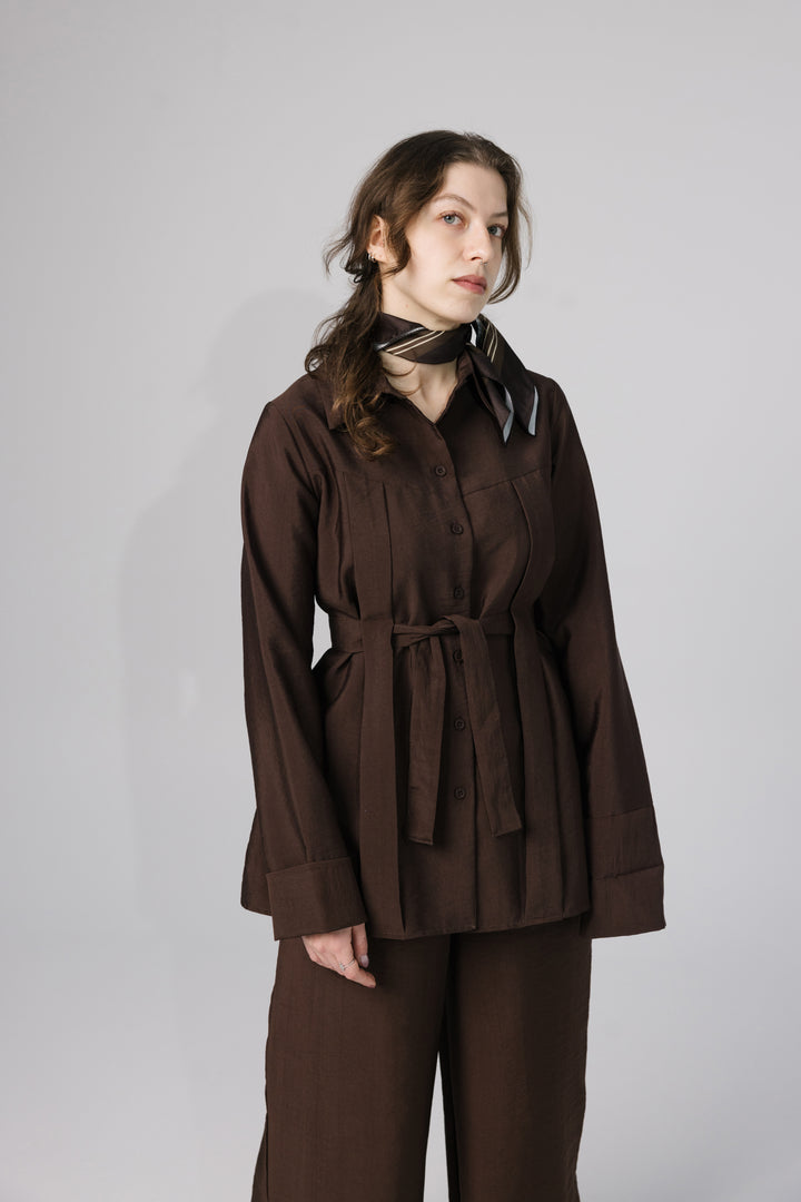 Brown Belted Two-Piece Set
