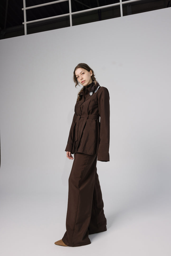 Brown Belted Two-Piece Set