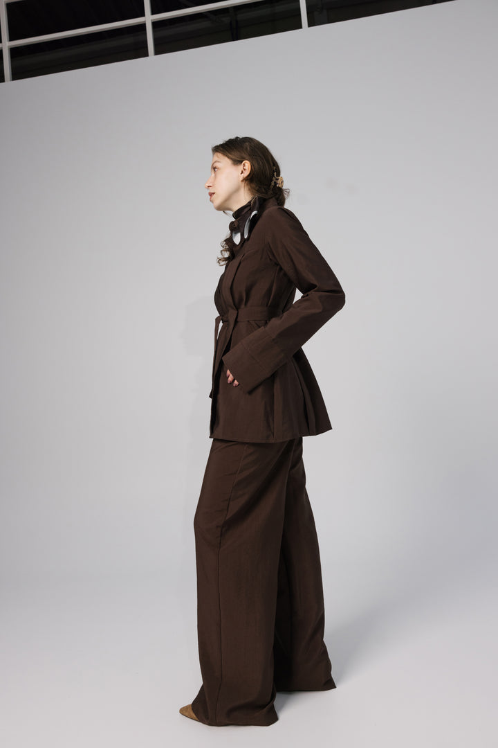 Brown Belted Two-Piece Set