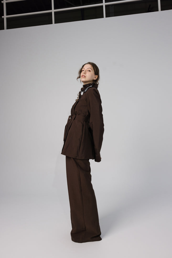 Brown Belted Two-Piece Set