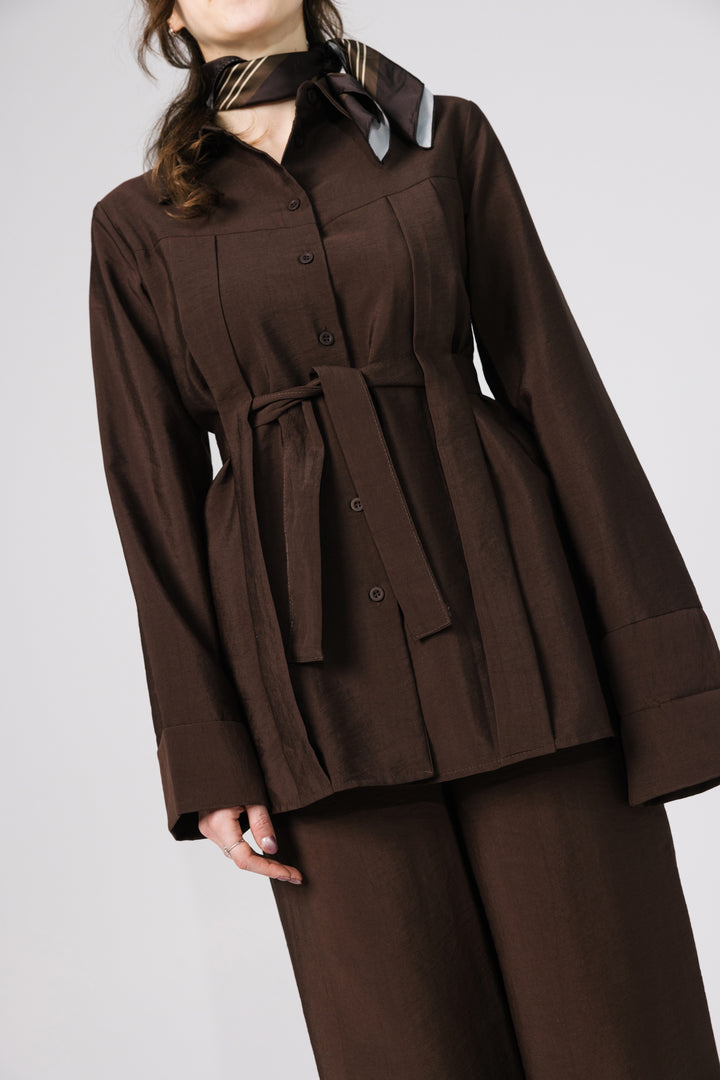 Brown Belted Two-Piece Set