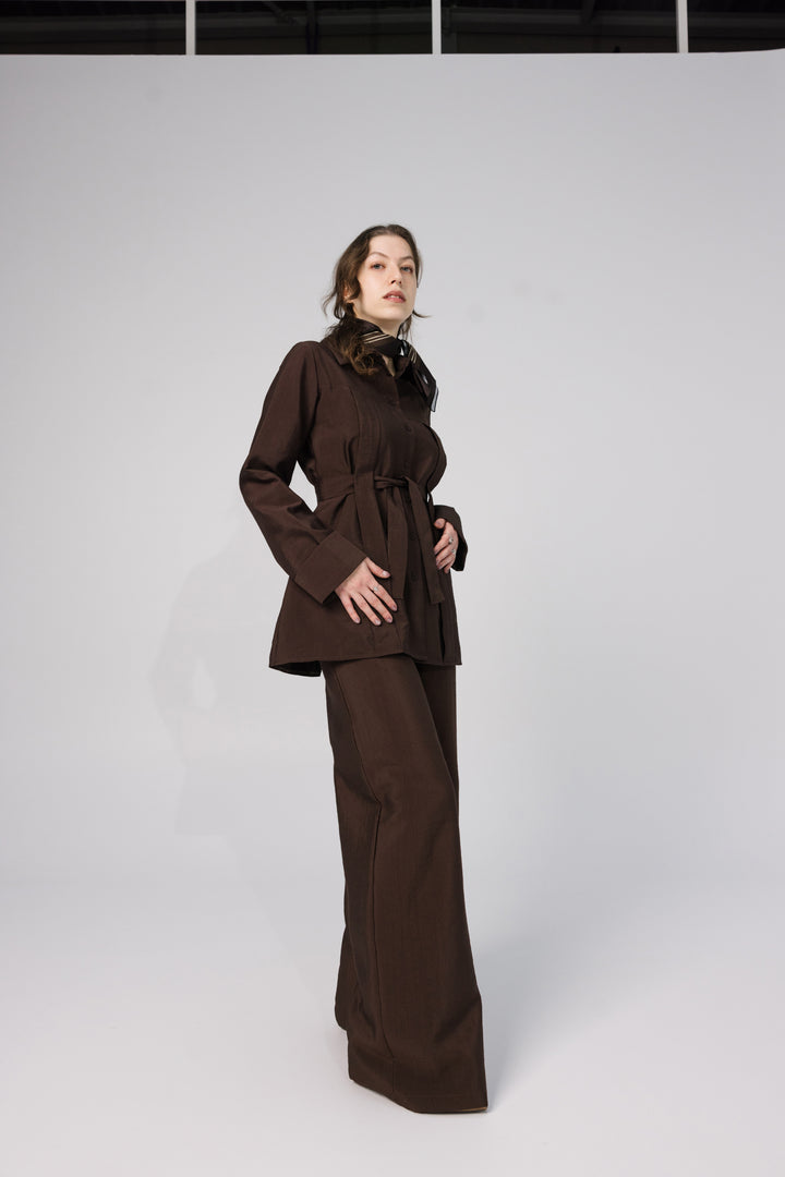 Brown Belted Two-Piece Set