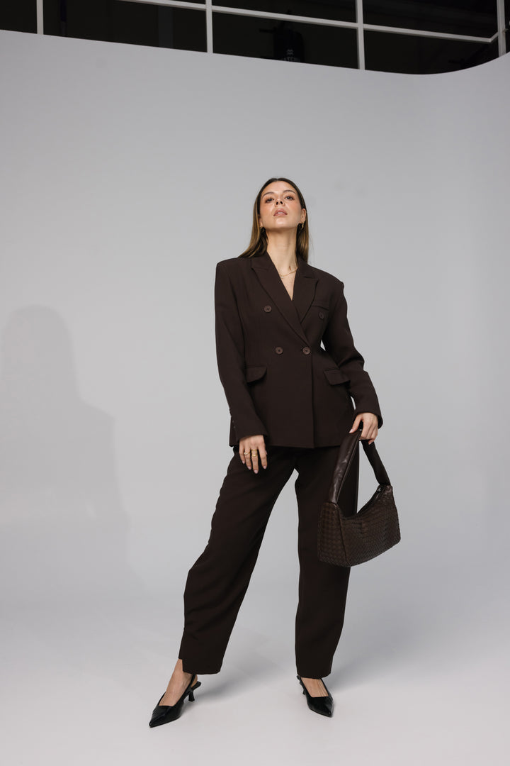 Brown Straight Trousers with Button Accent