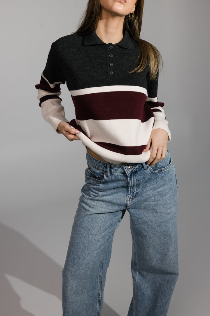 Striped Polo Sweater – Ecru / Bordeaux / Grey