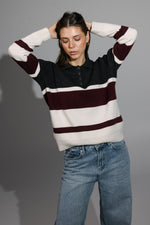Load image into Gallery viewer, Striped Polo Sweater – Ecru / Bordeaux / Grey