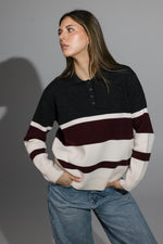 Load image into Gallery viewer, Striped Polo Sweater – Ecru / Bordeaux / Grey