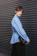 Load image into Gallery viewer, High Collar Shirt with Tie-Back – Baby Blue