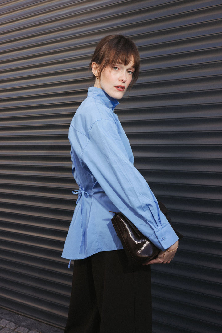 High Collar Shirt with Tie-Back – Baby Blue