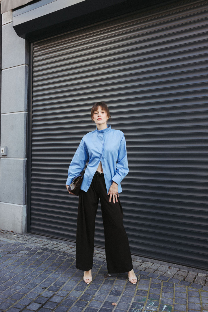 High Collar Shirt with Tie-Back – Baby Blue