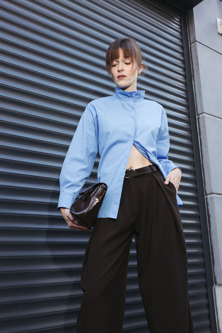 High Collar Shirt with Tie-Back – Baby Blue
