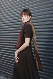 Midi Dress with Short Sleeves and Belt – Brown