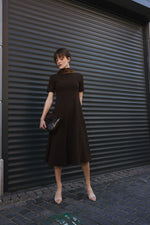 Load image into Gallery viewer, Midi Dress with Short Sleeves and Belt – Brown